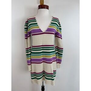 Free People Striped Waffle Knit Mini Dress V-Neck Boho Retro 70s S